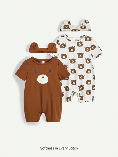 Cozy Pixies Baby Boy's Cartoon Bear Pattern Short Sleeve With Round Neckline And Bowtie Set, 4pcs