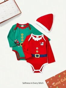 男嬰2入組聖誕圖案連身背心&1入組帽 - 紅色 - 查看 1