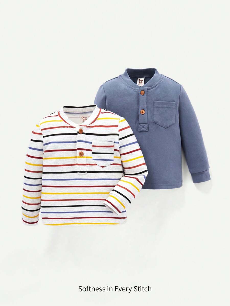 Cozy Pixies Baby Boy 2pcs Solid & Striped Print Pocket Patched Button Front Top - Blue - View 1
