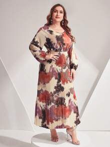 Modelyn Plus Size In Ngẫu Nhiên Tay Đèn Lồng Váy Xếp Ly Viền - Bụi hồng - Xem 3