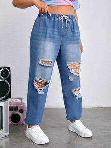 SHEIN EZwear Kích thước lớn Giải trí Đau khổ Eo đàn hồi Xanh Quần jean Tapered - Màu xanh lam - Xem 3