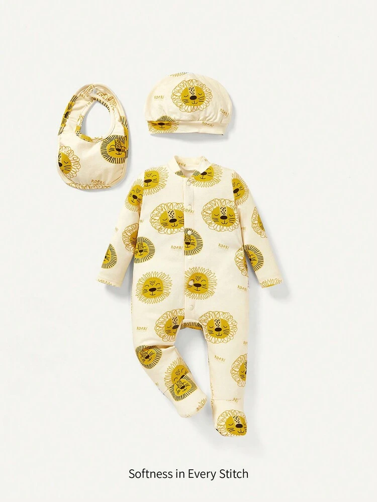 Baby Girl 3pcs Cartoon Animal Pattern Color Block Romper With Bib And Hat