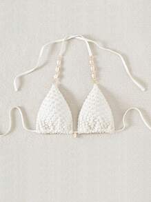 Swim Mod 夏季海灘貝殼裝飾露背比基尼上衣 - 米色 - 查看 3