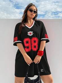 SHEIN EZwear Váy áo phông dáng rộng thông thường mùa hè cỡ lớn có in khối màu & số, dành cho nữ - màu đen - Xem 7