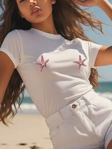 SHEIN EZwear 女款海星印花圓領短袖t恤