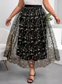 SHEIN Clasi 女士優雅加大碼網紗波浪邊裙 - 黑色 - 查看 7