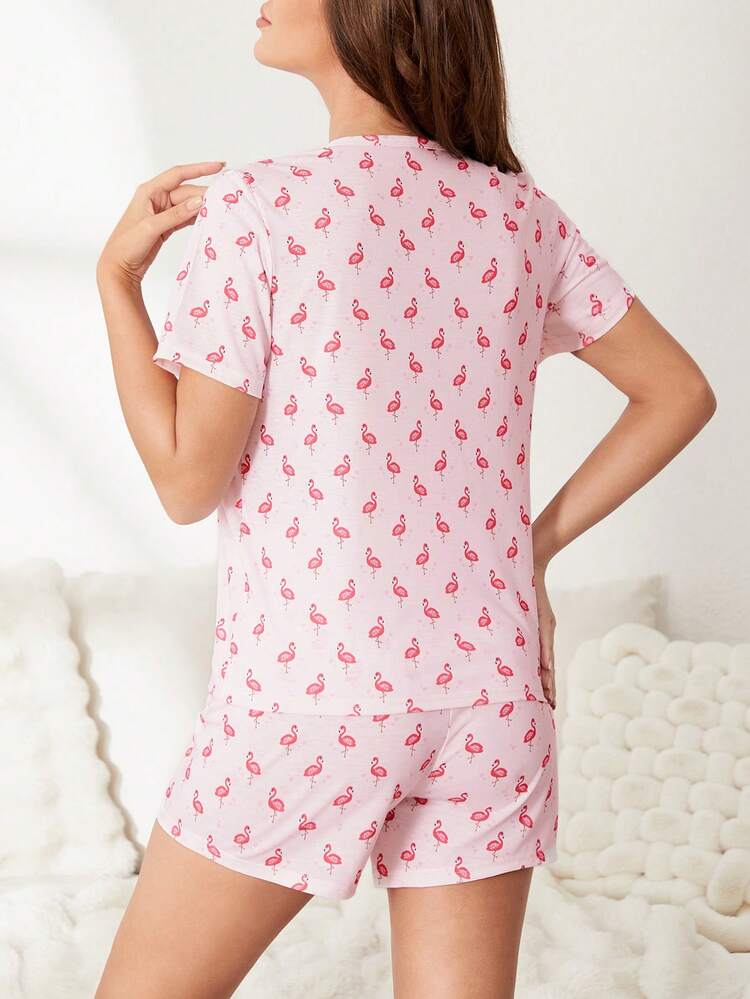 Women's 2pcs Floral Flamingo Print Casual Homewear Set, Short Sleeve T-Shirt And Shorts, Pink