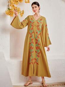 Al Najma 女性阿拉伯直身連衣裙，與植物刺繡，波浪袖 - 黃色 - 查看 3