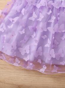 Young Girl 2pcs/Set Casual Butterfly Printed Top With Ruffle & Mesh Contrast Skirt For Summer - Lilac Purple - View 5
