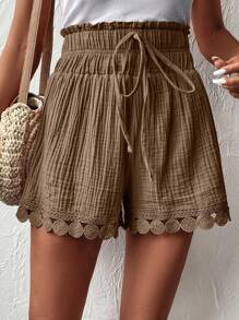 SHEIN VCAY Summer Casual Texture Pattern Elastic Waist Drawstring Shorts - Brown - View 4