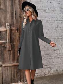 SHEIN LUNE Spring Casual Front Button Shirt Dress With Pockets - Grey - View 6