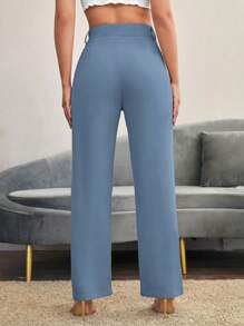 SHEIN LUNE Quần ống đứng xếp ly màu trơn đơn giản và thông thường cho nữ vào mùa thu/đông - Màu xanh nhạt - Xem 2
