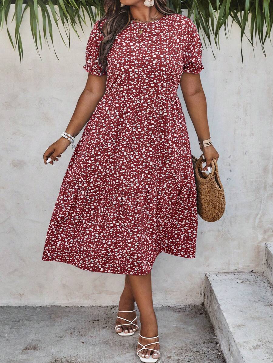 SHEIN Clasi Váy Maxi In Hoa Mùa Hè Cỡ Lớn Tay Phồng Màu Đỏ Tía Cho Nữ - Màu Đỏ Sâu - Xem 1