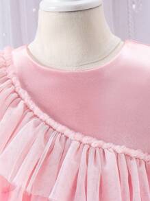 SHEIN Young Girl Round Neck Multiple Layers Mesh Contrast Blouse With Ruffle Hem - Pink - View 5