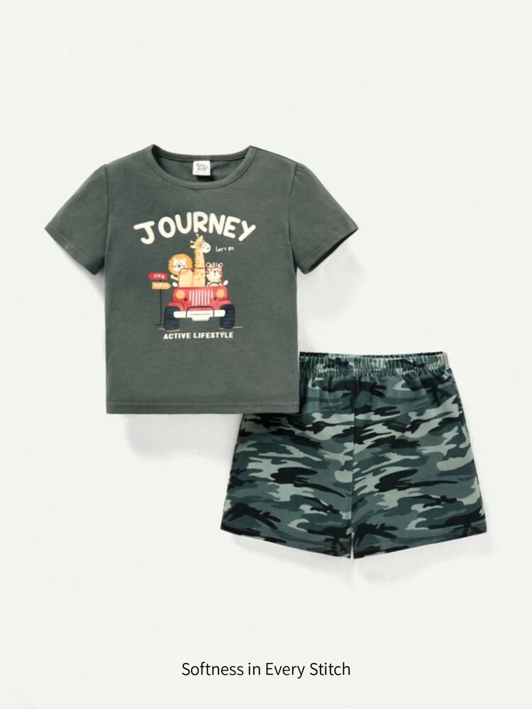 Baby Boys' Cartoon Animal Pattern Short Sleeve Round Neck Top And Camouflage Shorts Set