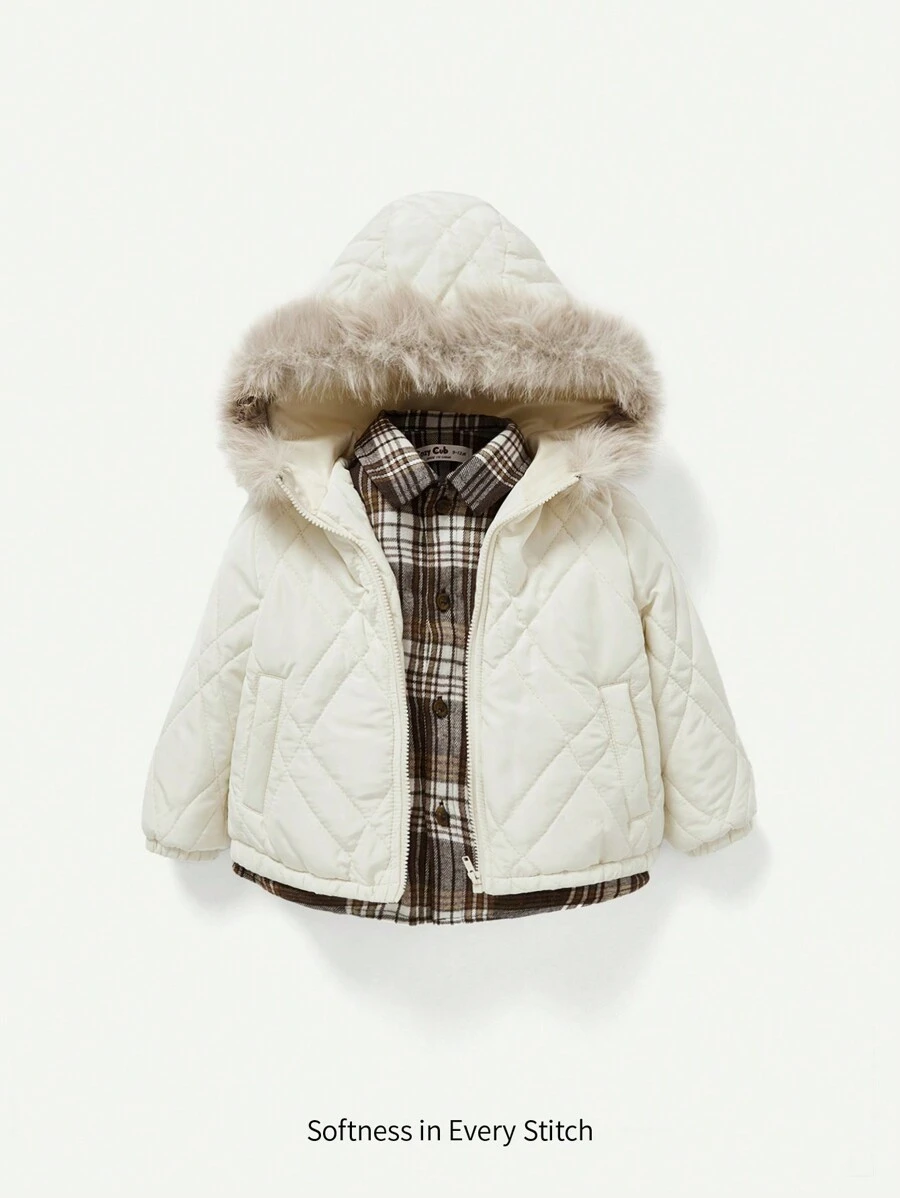 男嬰假兩件仿毛領厚款棉服外套 - 杏色 - 查看 1