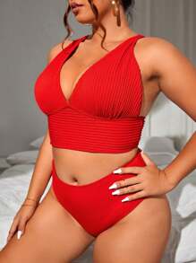 Swim Vcay 2pcs/Set Plus Size Women Solid Color Sexy Bikini Set, Vacation Summer