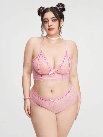 Kawaii Plus Size Women's Sexy Lace & Bowknot Lingerie Set