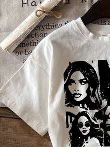 Attitoon Casual Portrait Printed White Crew Neck Short Sleeve Fitted Women T-Shirt, Suitable For Summer, Cotton Blended Back To School