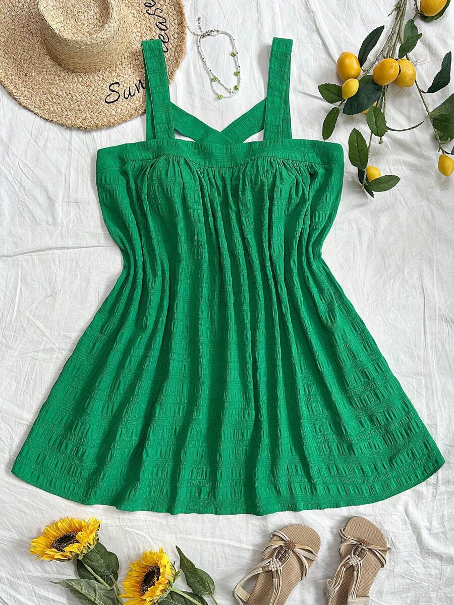 Soleia 大尺碼女士純色褶皺背心裙 - 綠色 - 查看 1