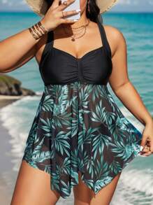 Swim Lushoire Ensemble de maillot de bain d'été plante d'impression plus taille. Mini robe de plage épissure et culotte triangle de couleur unie