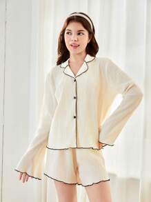 Teen Girl Cardigan Simplu Alb Maneca Lungi Cu Pantaloni Scurt Casual 2buc/Set Tinuta Acasă