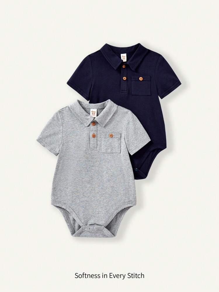 Baby Boy Knitted Soft Polo Collar Short Sleeve Bodysuit 2pcs/Set
