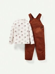 Cozy Pixies Baby Boy Bear Print Tee & Solid Overalls - Brown - View 7