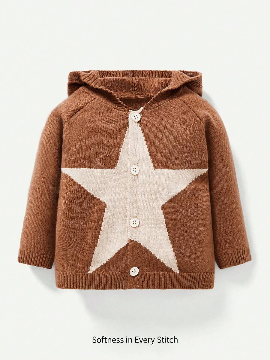 Baby Boy Star Pattern Raglan Sleeve Hooded Cardigan - Camel - View 1