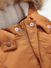Baby Boy Fuzzy Trim Hooded Thermal Lined Parka Coat Without Tee - Brown - View 5