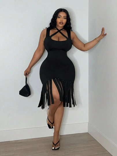 Slaydiva Festival De Musique - Robe D'été Pour Femme De Grande Taille Sans Manches, Élastique, Tricotée, Colorée, Moulante, À Franges, À Col ras-du-cou Et À Découpe