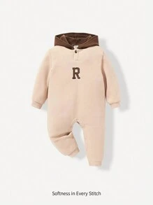 Cozy Pixies Bộ áo liền quần có mũ trùm đầu họa tiết chữ cái bé trai - Màu Khaki - Xem 1