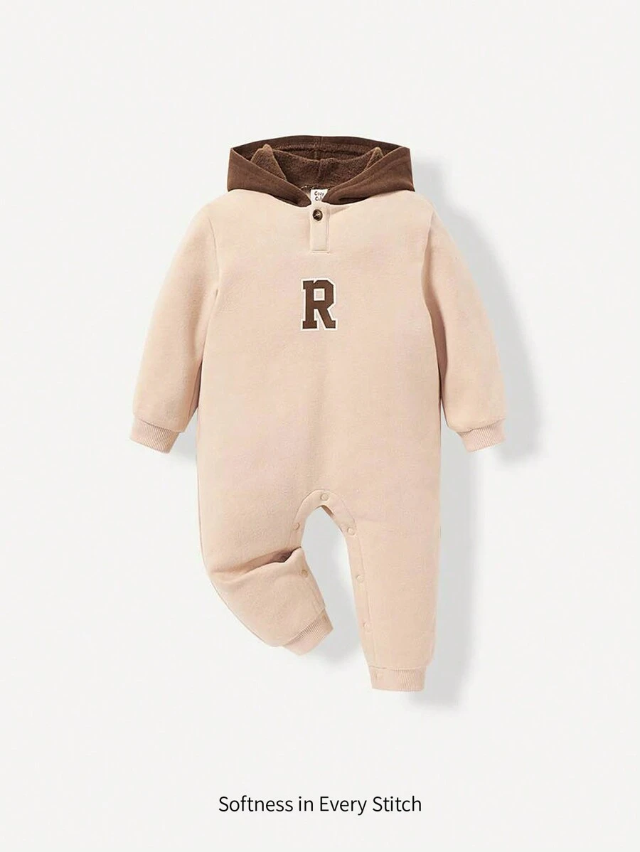 Cozy Pixies Bộ áo liền quần có mũ trùm đầu họa tiết chữ cái bé trai - Màu Khaki - Xem 1