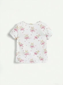 4pcs/Set Baby Girls' Flower Print Rabbit Applique Round Neck Short Sleeve Top And Snug Fit Pants Outfits Matching Set - Multicolor - View 7