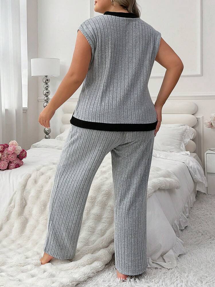 Women's Plus Size Color Block Patchwork Open Front Sleeveless Pajama Set