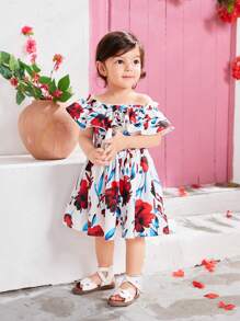 SHEIN Leap Crew Vestido de playa para bebé niña con patrón floral con volantes, hombros descubiertos y cintura ceñida - Multicolor - Ver 5