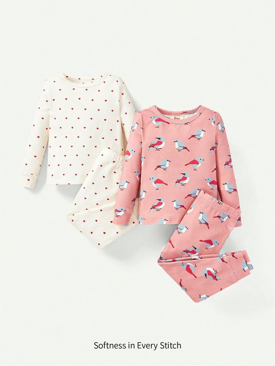 Baby Girl Snug Fit Pajama Set With Cartoon Printed Round Neck Long Sleeve Top And Pants, 4pcs