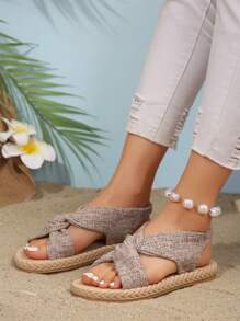 Women Crossed Lightweight Outdoor Sandals With Fabric Upper - Khaki - View 3