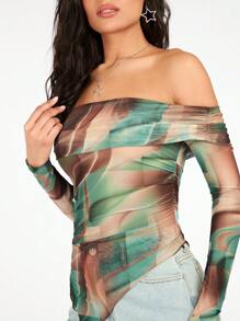 SHEIN BAE Iridescent Printed Ruched Off Shoulder Asymmetrical Hem Sheer Top With Long Sleeves - Green - View 6