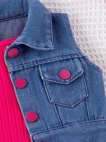 Baby Girl Single-Breasted Vest And Cami Romper Set - Hot Pink - View 8