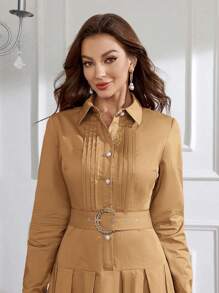 Modelyn Damski Jednolity kolor Plisowana Z paskiem Arabski Styl Sukienki Z Klamra