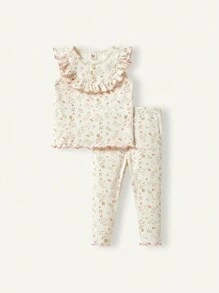 Cozy Pixies 女婴花朵图案圆领荷叶边上衣和长裤套装 - 杏色 - 查看 8