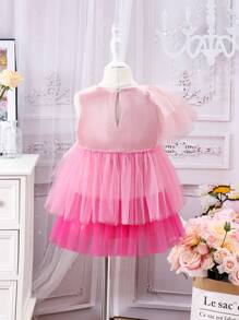 SHEIN Young Girl Round Neck Multiple Layers Mesh Contrast Blouse With Ruffle Hem - Pink - View 2