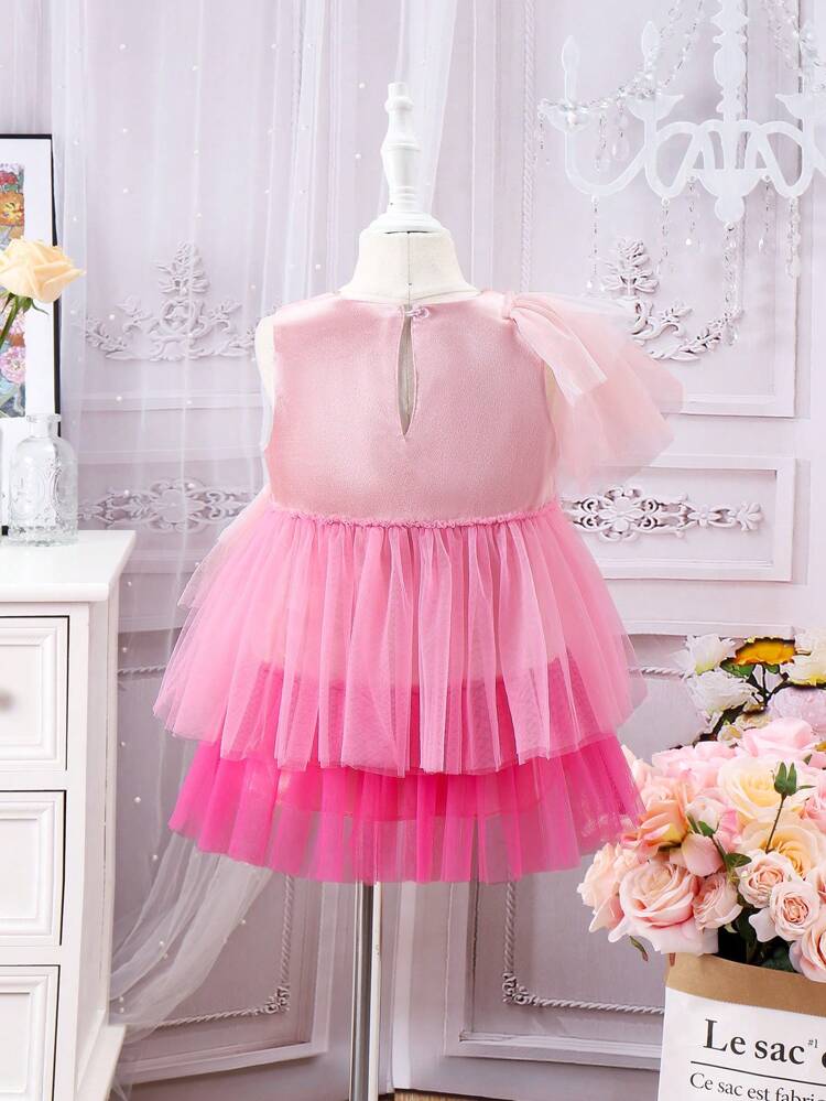 Young Girl Round Neck Multiple Layers Mesh Contrast Blouse With Ruffle Hem