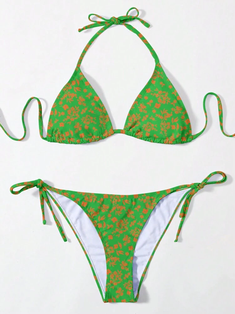Women's Ditsy Floral Halter Neck Tie Bikini Set For Vacation Summer