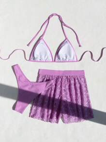 SHEIN Swim Summer 3pcs/Set Women's Halter Neck Swimwear - Purple - View 4