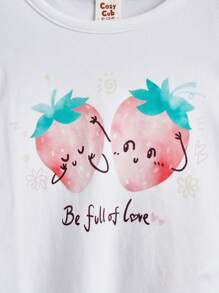 Cozy Pixies Conjunto de blusa de volantes con estampado de fresa y pantalones con pies para niña pequeña con diseño de dibujos animados