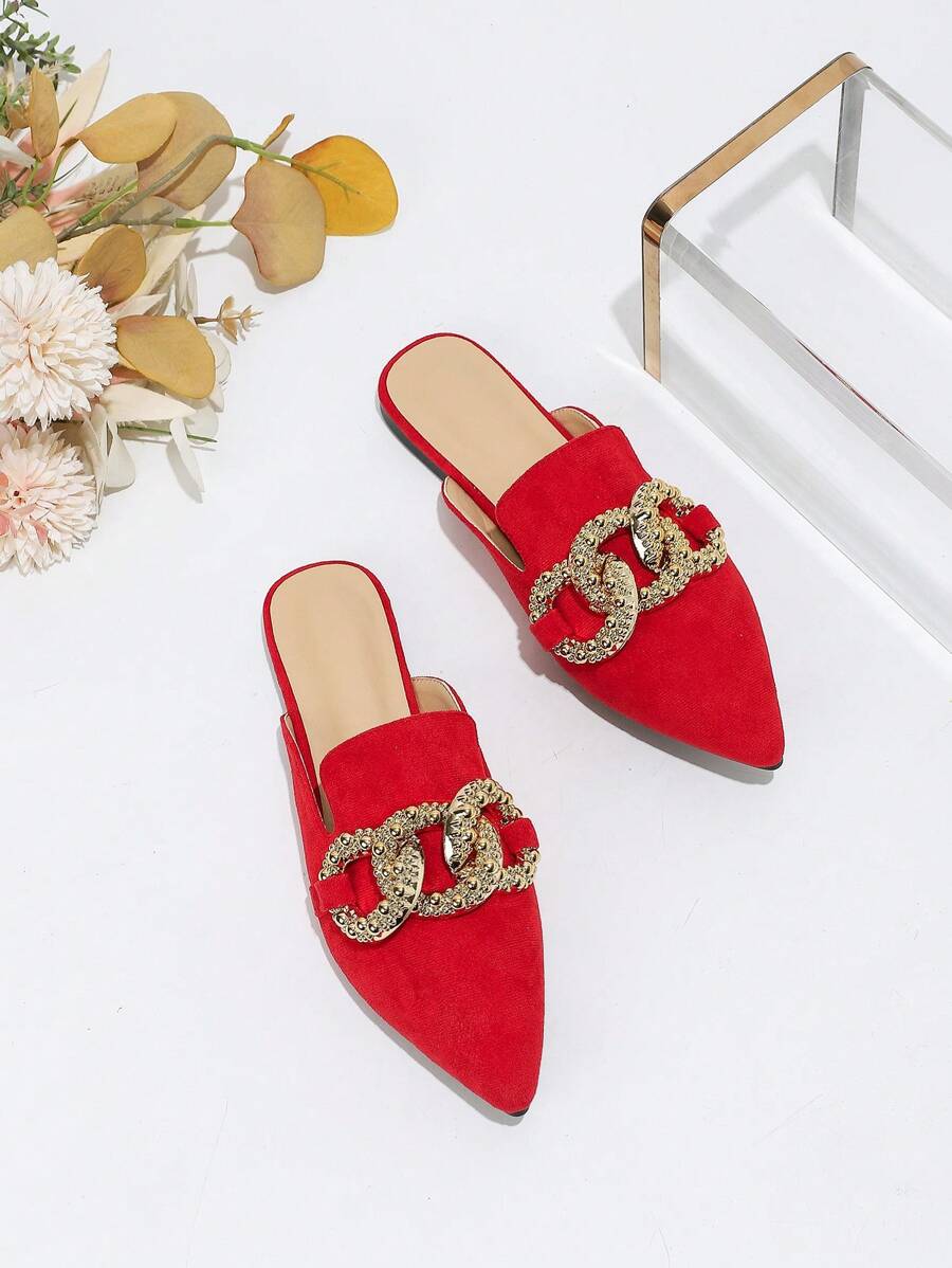 Fall/Winter Women's Elegant Flat Pointed Toe Red Suede Slip-On Mule With Large Metal Buckle, Spring/Summer Valentines - Red - View 1