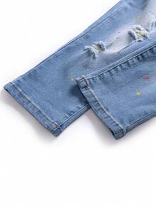 Young Boy Jeans New Casual Fashionable Paint Splatter Ripped Design Jeans With Pockets - Medium Wash - View 5