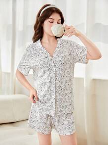 女式印花2件式短褲和短袖休閒家居服 - 白色 - 查看 1